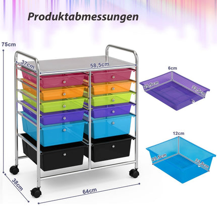 Rollwagen Metallgestell Rollcontainer 12 Schubladen Badwagen mit Bremse Beistellwagen rollbar bunt
