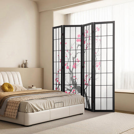 Room Divider 4-Panel, Japanese Folding Privacy Screen, Cherry Blossom