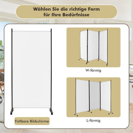 Raumteiler auf Rollen, 3-teilig, faltbar, weiß, 180 cm
