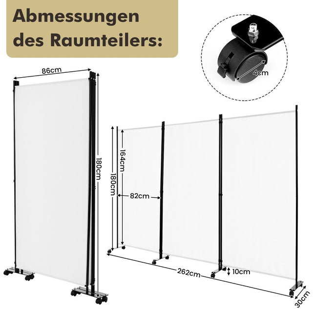 Raumteiler auf Rollen, 3-teilig, faltbar, weiß, 180 cm