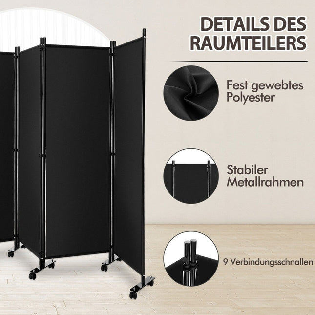 Raumteiler mit 4 Paneelen auf Rädern, 173 cm hoch, rollbarer Sichtschutz, Schwarz