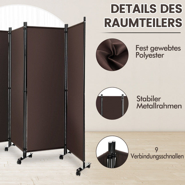 Raumteiler mit 4 Paneelen auf Rollen 173 cm hoch Rollbarer Sichtschutz Braun