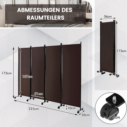 Paraván se 4 panely na kolečkách, výška 173 cm, pojízdná zástěna, hnědý