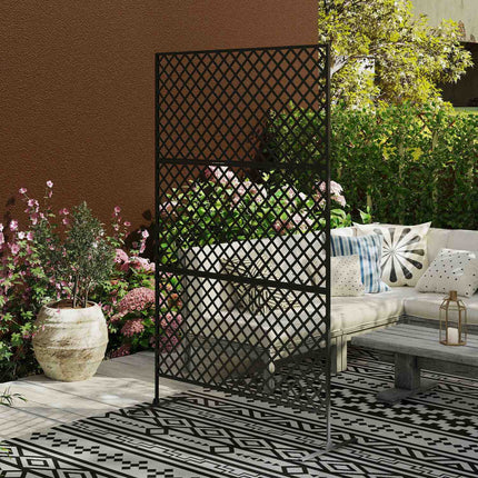 Ruimteverdeler 3-delig 122 x 198 cm vrijstaand scherm in raster, scheidingswand 3-delig inkijkscherm van staal, buitenruimteverdeler inkijkscherm voor tuin, balkon, terras, zwart Aosoom