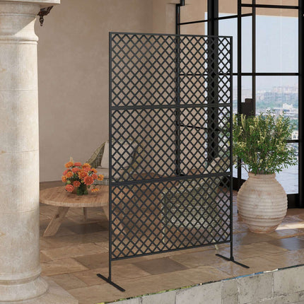 Ruimteverdeler 3-delig 122 x 198 cm vrijstaand scherm in raster, scheidingswand 3-delig inkijkscherm van staal, buitenruimteverdeler inkijkscherm voor tuin, balkon, terras, zwart Aosoom