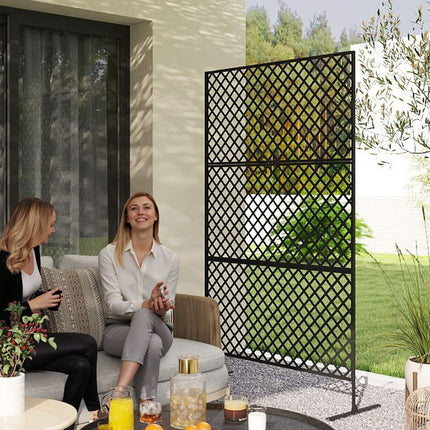 Ruimteverdeler 3-delig 122 x 198 cm vrijstaand scherm in raster, scheidingswand 3-delig inkijkscherm van staal, buitenruimteverdeler inkijkscherm voor tuin, balkon, terras, zwart Aosoom