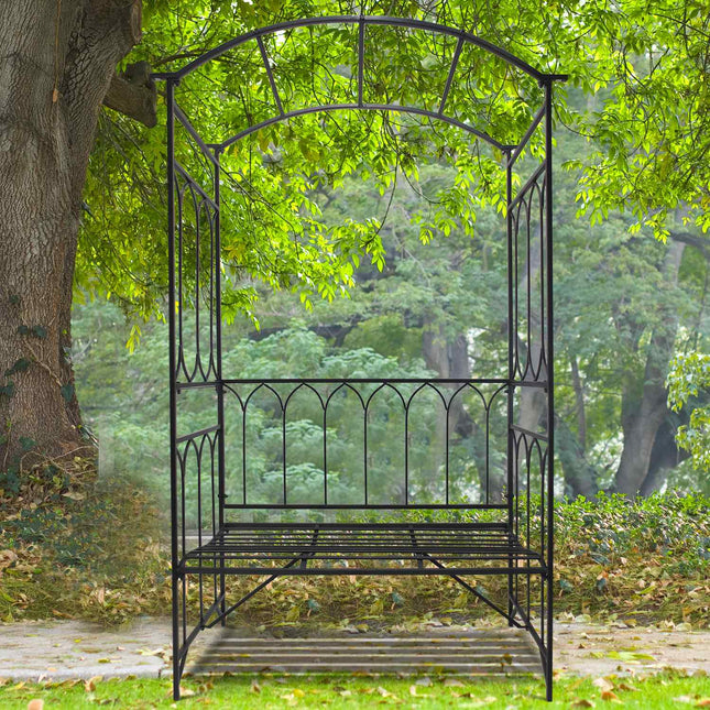 Rosenbogen-Sitzbank aus schwarzem Metall – Gartenlaubengestell, 115x50x203 cm