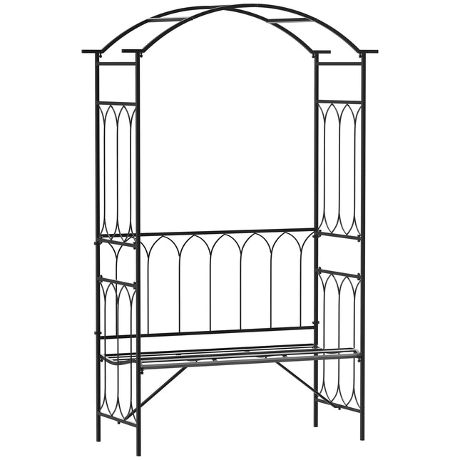 Rosenbogen-Sitzbank aus schwarzem Metall – Gartenlaubengestell, 115x50x203 cm