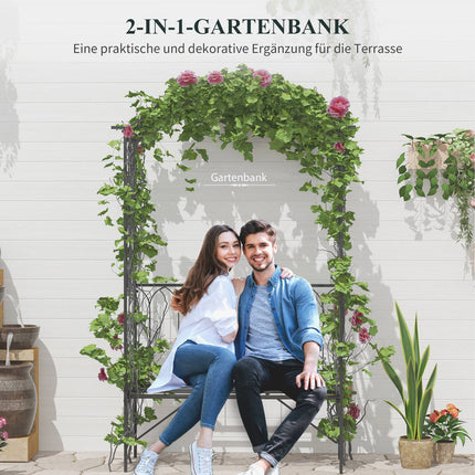 Rosenbogen-Sitzbank aus schwarzem Metall – Gartenlaubengestell, 115x50x203 cm