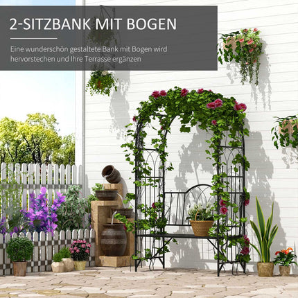 Gartenbogen aus Metall mit Bank - Schwarz, 121 x 50 x 203 cm