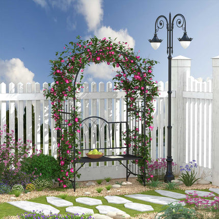 Gartenbogen aus Metall mit Bank - Schwarz, 121 x 50 x 203 cm