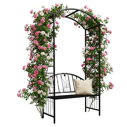 Rosenrankenbogen mit Bank, Gartenlaubengestell aus schwarzem Metall