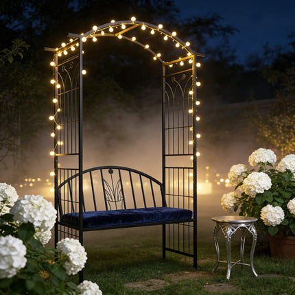 Rosenrankenbogen mit Bank, Gartenlaubengestell aus schwarzem Metall
