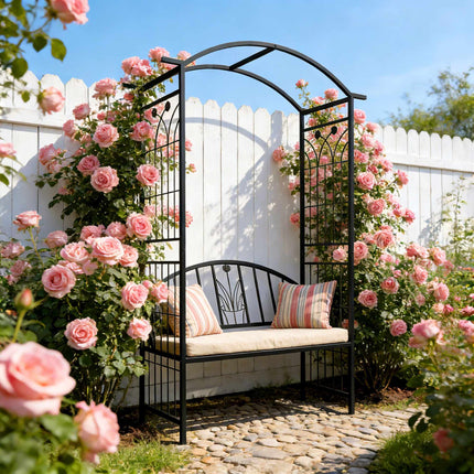 Rosenrankenbogen mit Bank, Gartenlaubengestell aus schwarzem Metall
