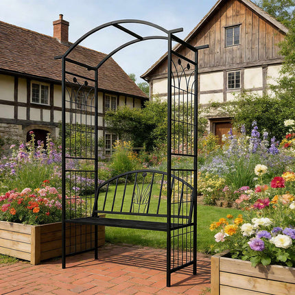 Rosenrankenbogen mit Bank, Gartenlaubengestell aus schwarzem Metall