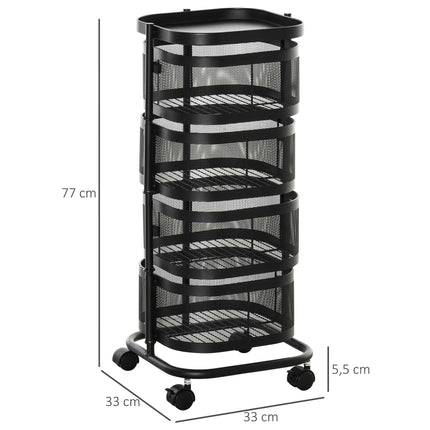 Rotating 4-Tier Kitchen Cart with Wheels, Black, 33x33x77 cm