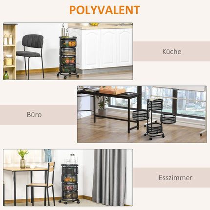 Rotating 4-Tier Kitchen Cart with Wheels, Black, 33x33x77 cm
