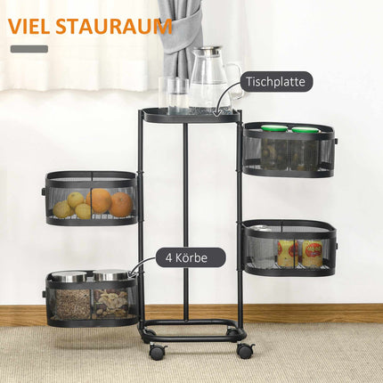 Rotating 4-Tier Kitchen Cart with Wheels, Black, 33x33x77 cm
