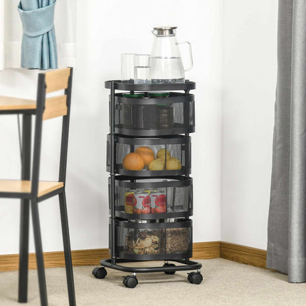 Rotating 4-Tier Kitchen Cart with Wheels, Black, 33x33x77 cm