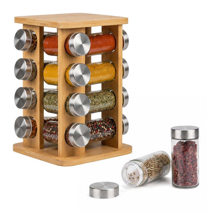 Rotating Bamboo Spice Carousel with 16 Glass Shaker Jars, Silver