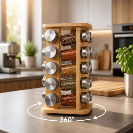 Rotating Bamboo Spice Carousel with 16 Glass Shaker Jars, Silver