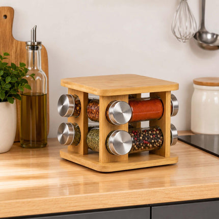 Rotating Bamboo Spice Carousel with 16 Glass Shaker Jars, Silver
