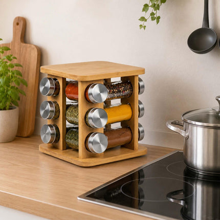 Rotating Bamboo Spice Carousel with 16 Glass Shaker Jars, Silver
