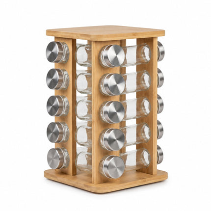 Rotating Bamboo Spice Carousel with 20 Glass Shaker Jars, Silver