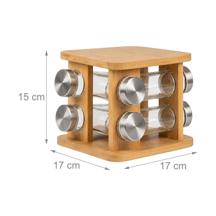 Rotating Bamboo Spice Carousel with 8 Glass Shaker Jars, Silver