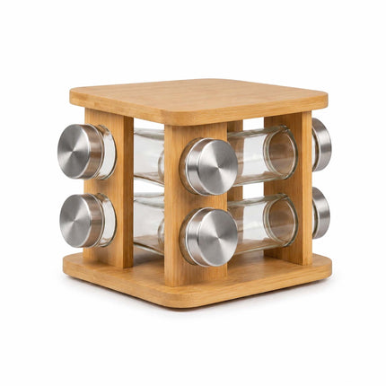 Rotating Bamboo Spice Carousel with 8 Glass Shaker Jars, Silver