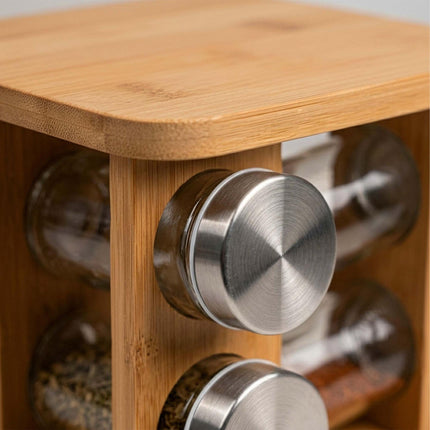 Rotating Bamboo Spice Carousel with 8 Glass Shaker Jars, Silver