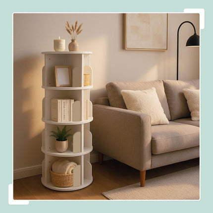 Rotating Bookcase, 4 Tiers, 360-Degree Access
