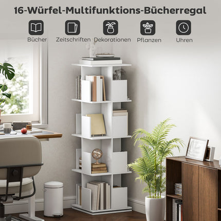 Drehbares Bücherregal, 4 Etagen, 16 Fächer, weißes MDF