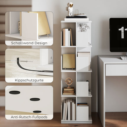 Drehbares Bücherregal, 4 Etagen, 16 Fächer, weißes MDF