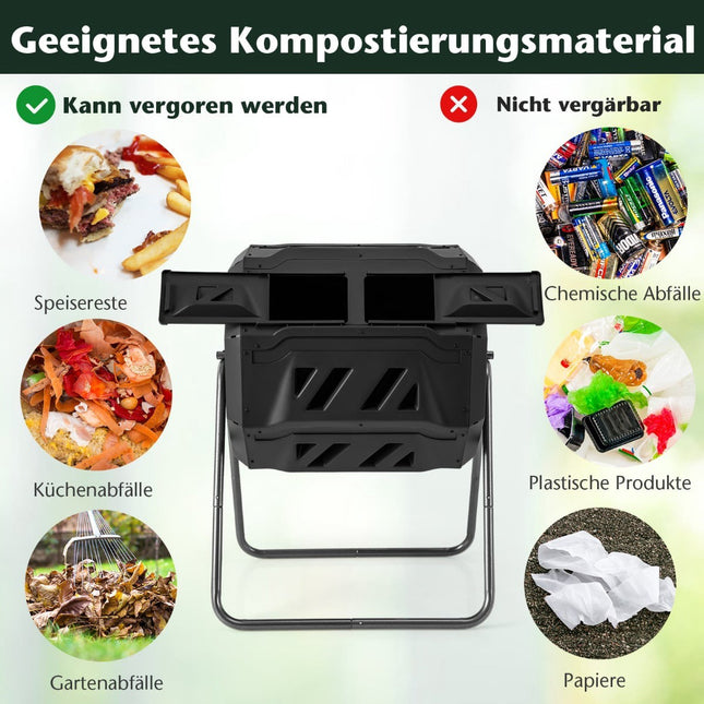Rotating Dual Chamber Compost Bin, 160L, Black
