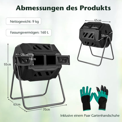 Rotierender Doppelkammer-Kompostbehälter, 160 l, Schwarz