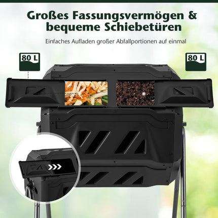 Rotierender Doppelkammer-Kompostbehälter, 160 l, Schwarz