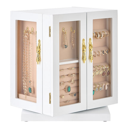 Rotating Jewelry Box Organizer, 5 Drawers, Necklace Hooks
