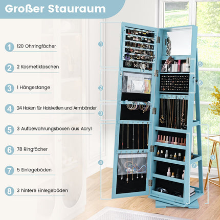 Drehbarer Schmuckschrank mit Ganzkörperspiegel, Blau