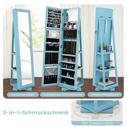 Drehbarer Schmuckschrank mit Ganzkörperspiegel, Blau