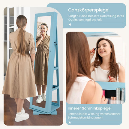 Drehbarer Schmuckschrank mit Ganzkörperspiegel, Blau