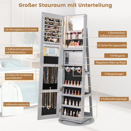 Drehbarer Schmuckschrank mit Spiegel, LED-Beleuchtung, abschließbar