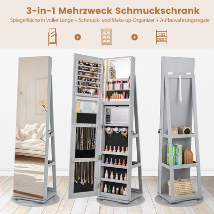 Drehbarer Schmuckschrank mit Spiegel, LED-Beleuchtung, abschließbar