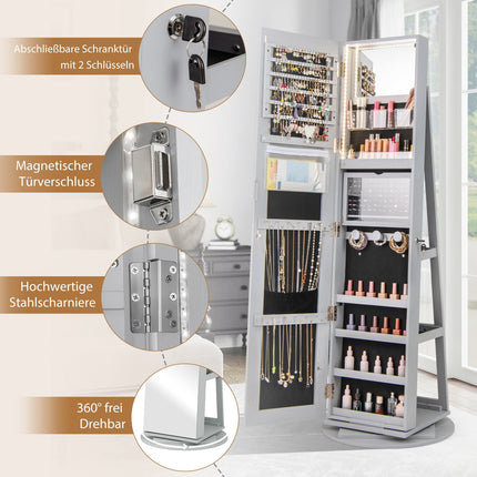 Drehbarer Schmuckschrank mit Spiegel, LED-Beleuchtung, abschließbar