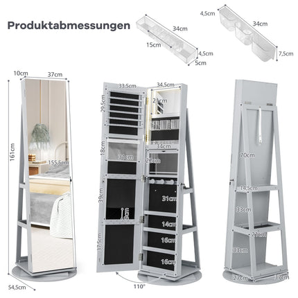 Drehbarer Schmuckschrank mit Spiegel, LED-Beleuchtung, abschließbar