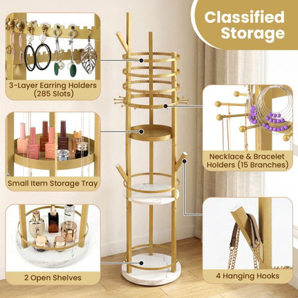 Rotierender Schmuck-Organizer-Ständer, 360° drehbar, Haken, Ablagen
