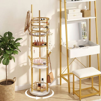 Rotierender Schmuck-Organizer-Ständer, 360° drehbar, Haken, Ablagen