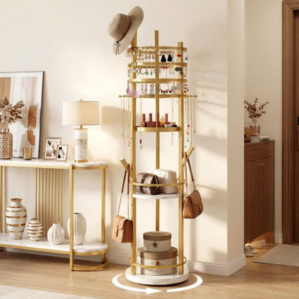 Rotierender Schmuck-Organizer-Ständer, 360° drehbar, Haken, Ablagen