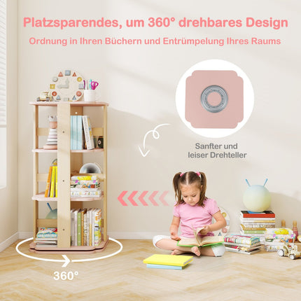 Rotierendes Bücherregal für Kinder, 3-stöckig, 12 Fächer, Rosa