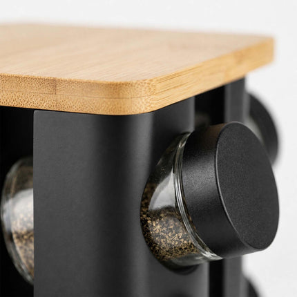 Rotating Spice Carousel with 12 Glass Shaker Jars, Bamboo, Matt Black